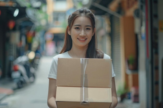 Asian women entrepreneurs with packaging box for delivery small business and online marketing