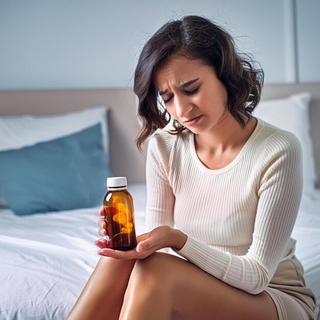 a asian women hold bottle pills with sick knees