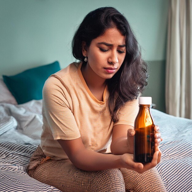 a asian women hold bottle pills with sick knees