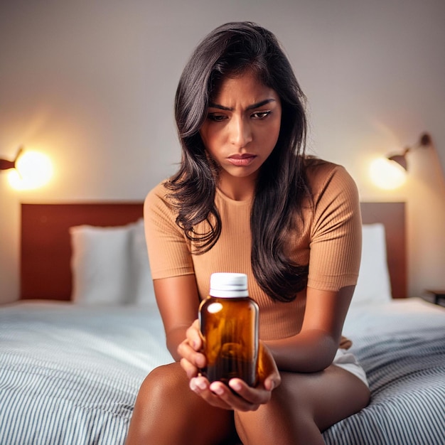 Photo a asian women hold bottle pils with sick knees