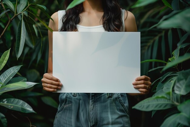 Photo asian women or indonesian women holding a blank white paper space for text copy space mockup banner