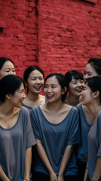 Asian women in loose t shirts gossip on red wall