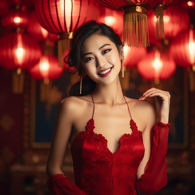 Asian women smiling face delicate features red Chinese dress holding a red lantern