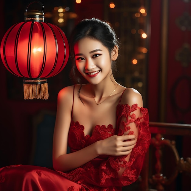 Asian women smiling face delicate features red Chinese dress holding a red lantern