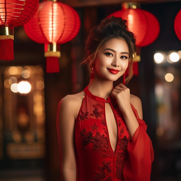 Asian women smiling face delicate features red Chinese dress holding a red lantern