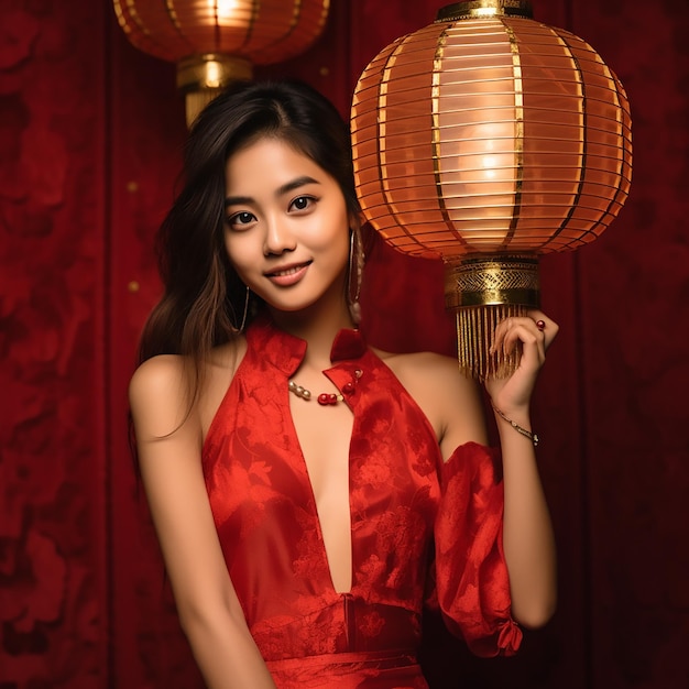 Asian women smiling face delicate features red Chinese dress holding a red lantern