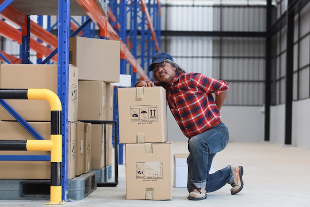 Asian worker man hurt his back lift heavy box in factory