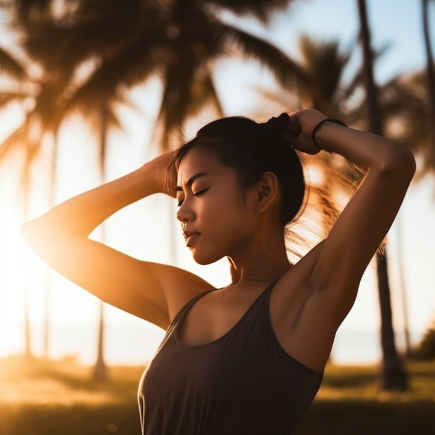 Asian young adult with top knot in yoga pose on sunkissed tropical beach at golden hour