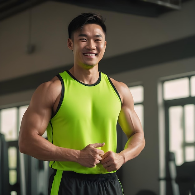 An Asian young man exercising at a gym