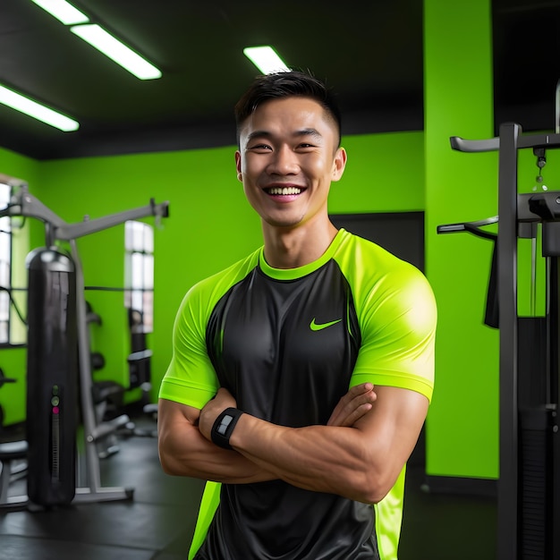 An Asian young man exercising at a gym