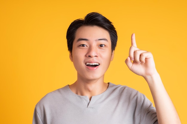 Asian young man posing on a yellow background