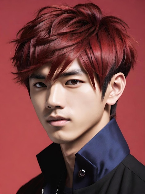 asian young man with red hair in studio