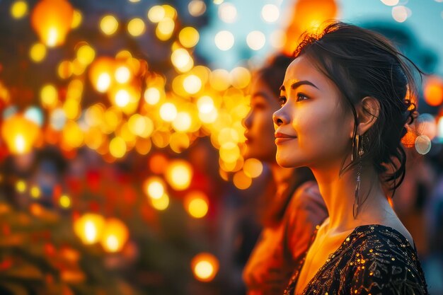 Asian young smiling woman gazes at a sky filled with flying paper lanterns