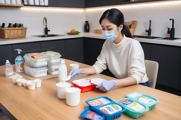 Photo asian young woman laying out groceries on a divided table and wiping down yogurt or milk container