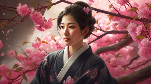 Asian young woman near sakura pretty girl portrait and cherry flowers generative AI