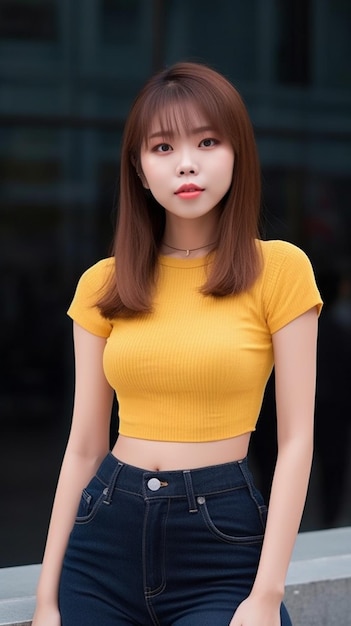 Asian young woman in a yellow top and blue jeans stands in front of a building