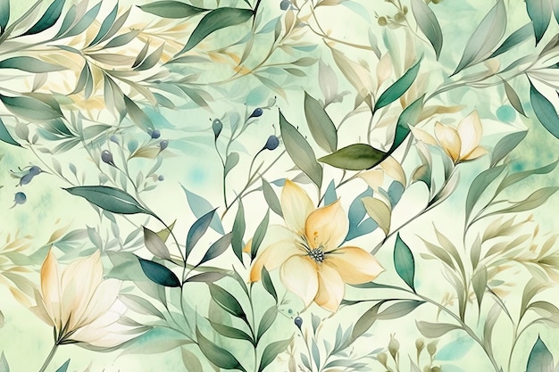 AsianInspired Delicate Watercolor Floral Pattern with Soft Green Leaves