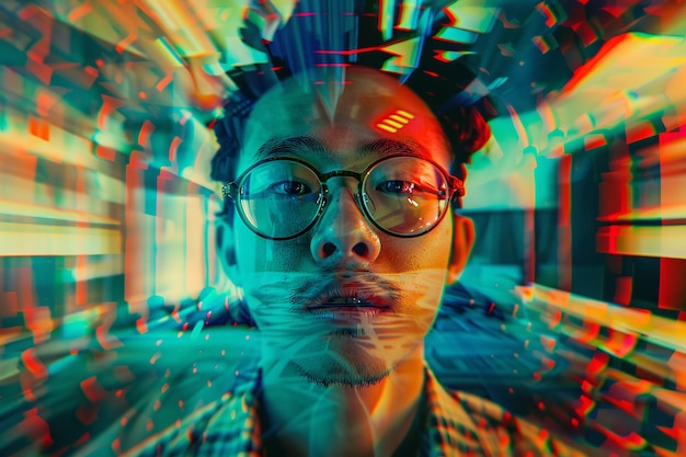 Asianmale engineer pinhole lens symmetrical magic realism pop art style graffiti pop culture Generative AI