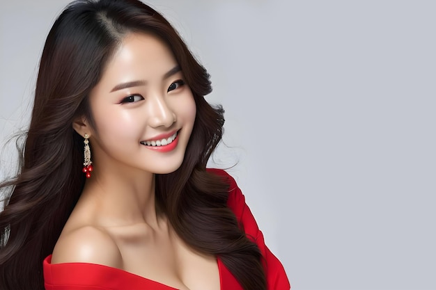 a asiatic woman in a red dress with a smile on her face