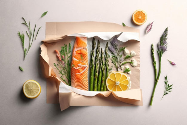 Asparagus and salmon that have been baked together on a gray background