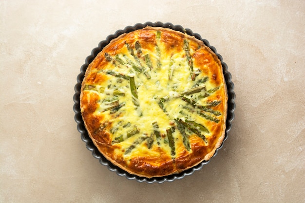 Asparagus tart, vegan quiche homemade pastry, healthy food.