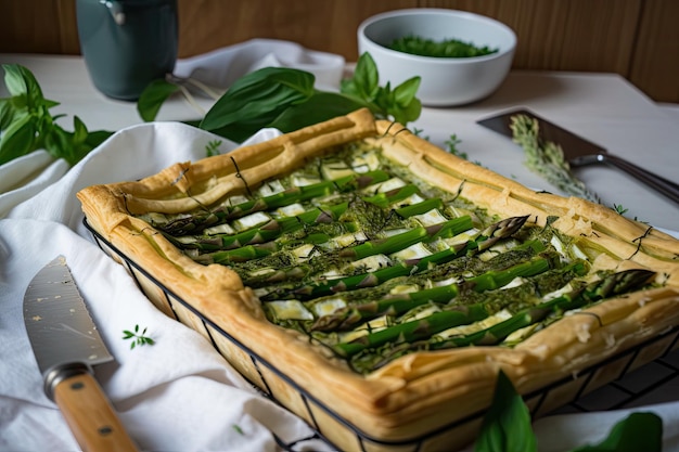 Asparagus tart with lattice top and sprinkle of fresh herbs