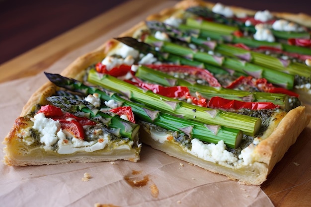 Asparagus tart with slices of roasted red pepper and goat cheese