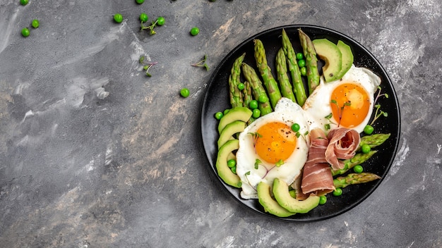 asparagus with prosciutto, avocado and fried eggs