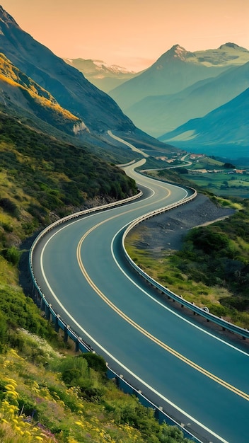 Asphalt curved highway on mountain background