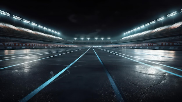 Asphalt racing track finish race sport stadium at night Professional 3d illustration Generative AI