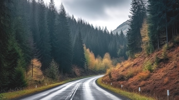 Asphalt road in the autumn forest in the mountains generative ai