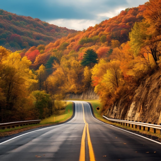 Asphalt road in autumn forest with colorful trees and blue sky AI generated