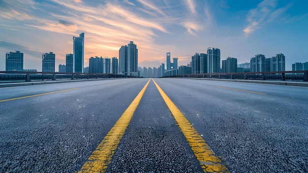 Asphalt road and bridge with modern city skyline in Ningbo Zhejiang Province China Generative AI