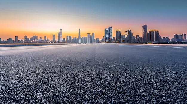 Asphalt road and city skyline with modern building at sunset in Suzhou Jiangsu Provi Generative AI