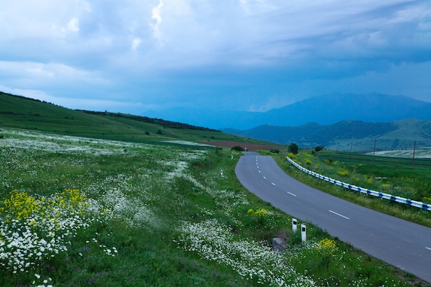 An asphalt road goes through the fields in the evening