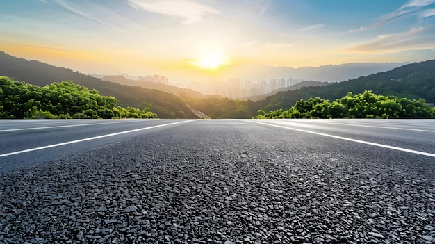 Asphalt road and green mountains with city skyline landscape at sunrise high angle v Generative AI