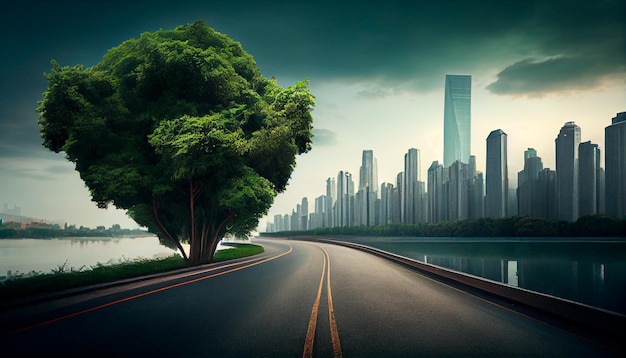 Asphalt road and green tree with city skyline in Hangzhou China Generative Ai