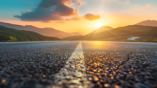 Asphalt road and mountain with sky clouds background at sunset Generative AI