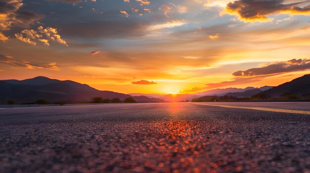 Asphalt road and mountain with sky clouds at sunset Generative AI