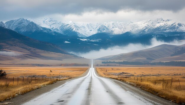 asphalt road on the prairie goes beyond the horizon to the high mountains