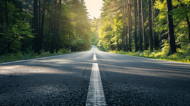 Asphalt Road Through a Forest of Lush Green Trees