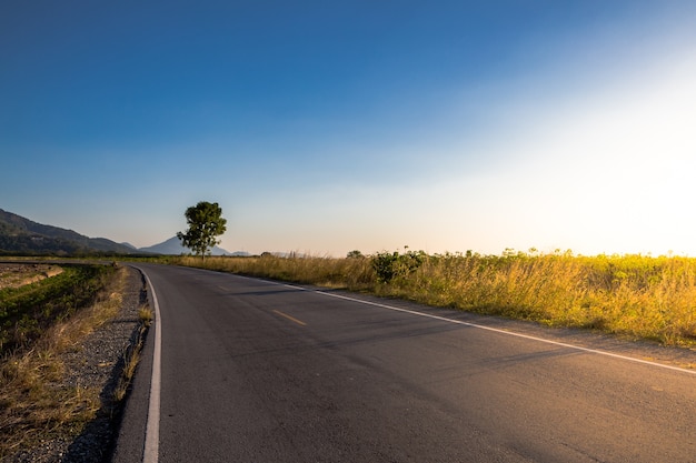 Asphalt road through meadow with blue sky background