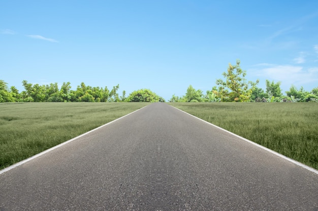 Asphalt road with grass and trees with blue sky background