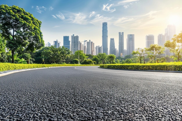 An asphalt road with view of bustling city street