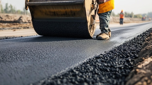 Photo asphalt roller compactor works on road construction