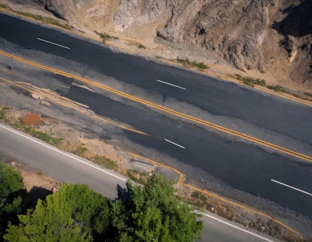 the asphalt was broken up by the earthquake view from above