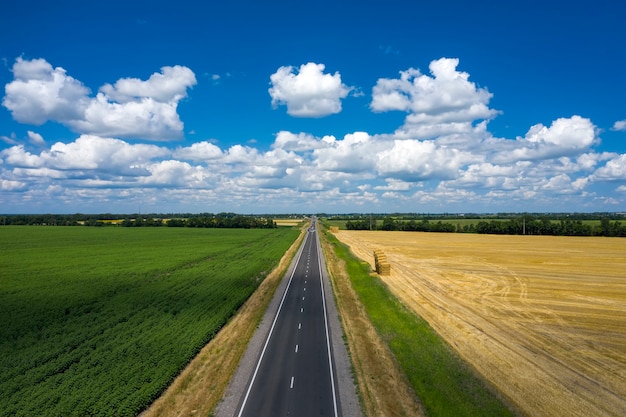 Asphalted narrow country road at the summer day aerial view.