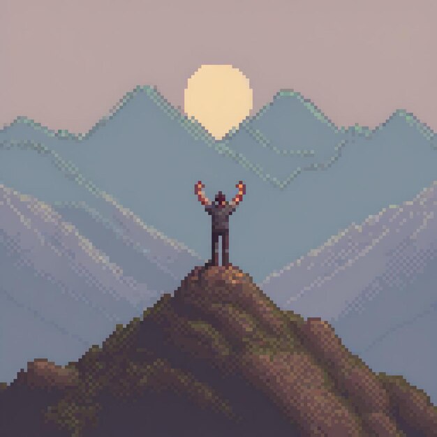 Photo aspiring adventurer captured in pixel art standing triumphantly atop a majestic mountain peak