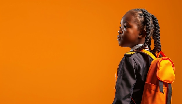 Aspiring African schoolgirl with frame solid orange backdrop symbolizes ambition