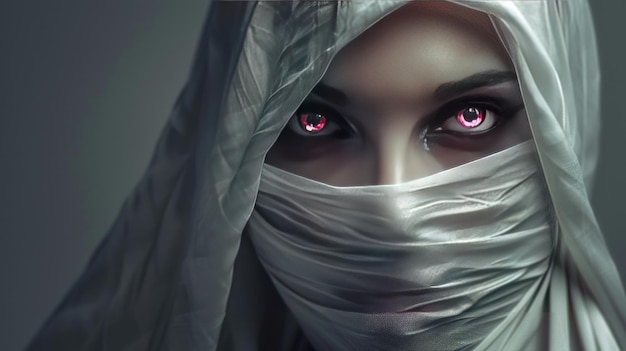 Assassin woman character in white hood with red eyes looking seriously wallpaper AI generated image